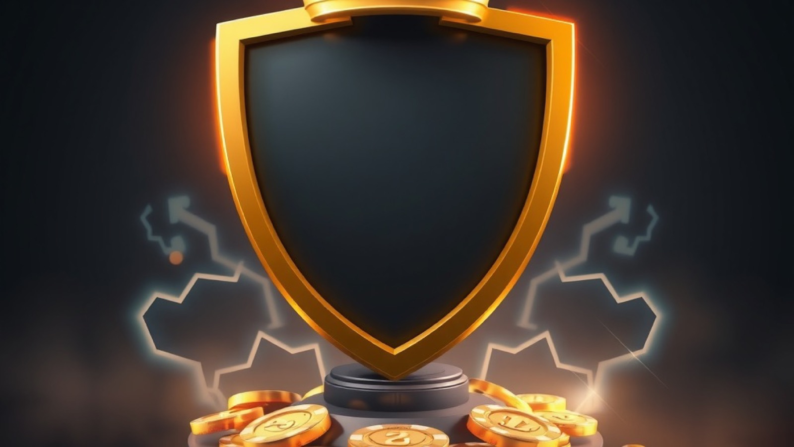 CT999 gold shield emblem crowned on an obsidian pedestal with coins and chips