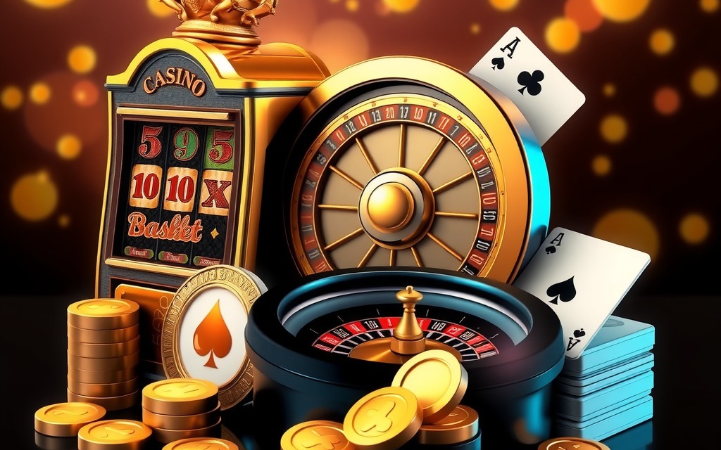 Slot cabinet, roulette wheel and playing cards in gold on a dark CT999 lobby backdrop