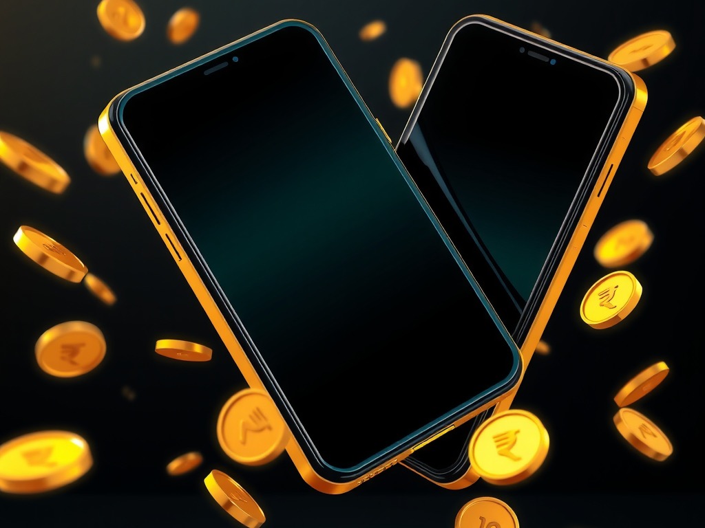 Two angled phones with gold rupee coins cascading between them for CT999 mobile play