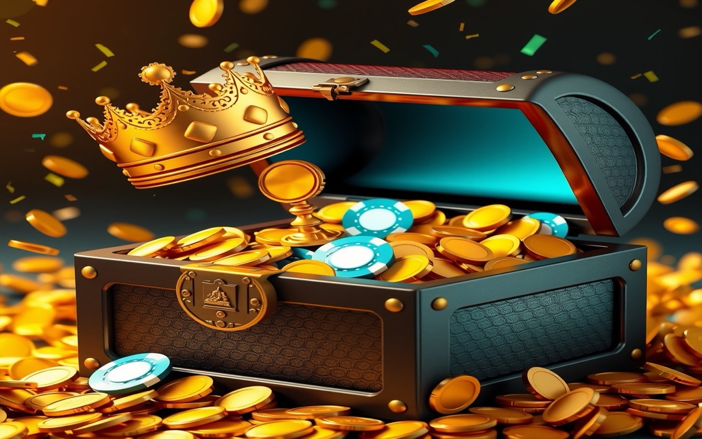 Gold treasure chest crowned and overflowing with CT999 coins and chips