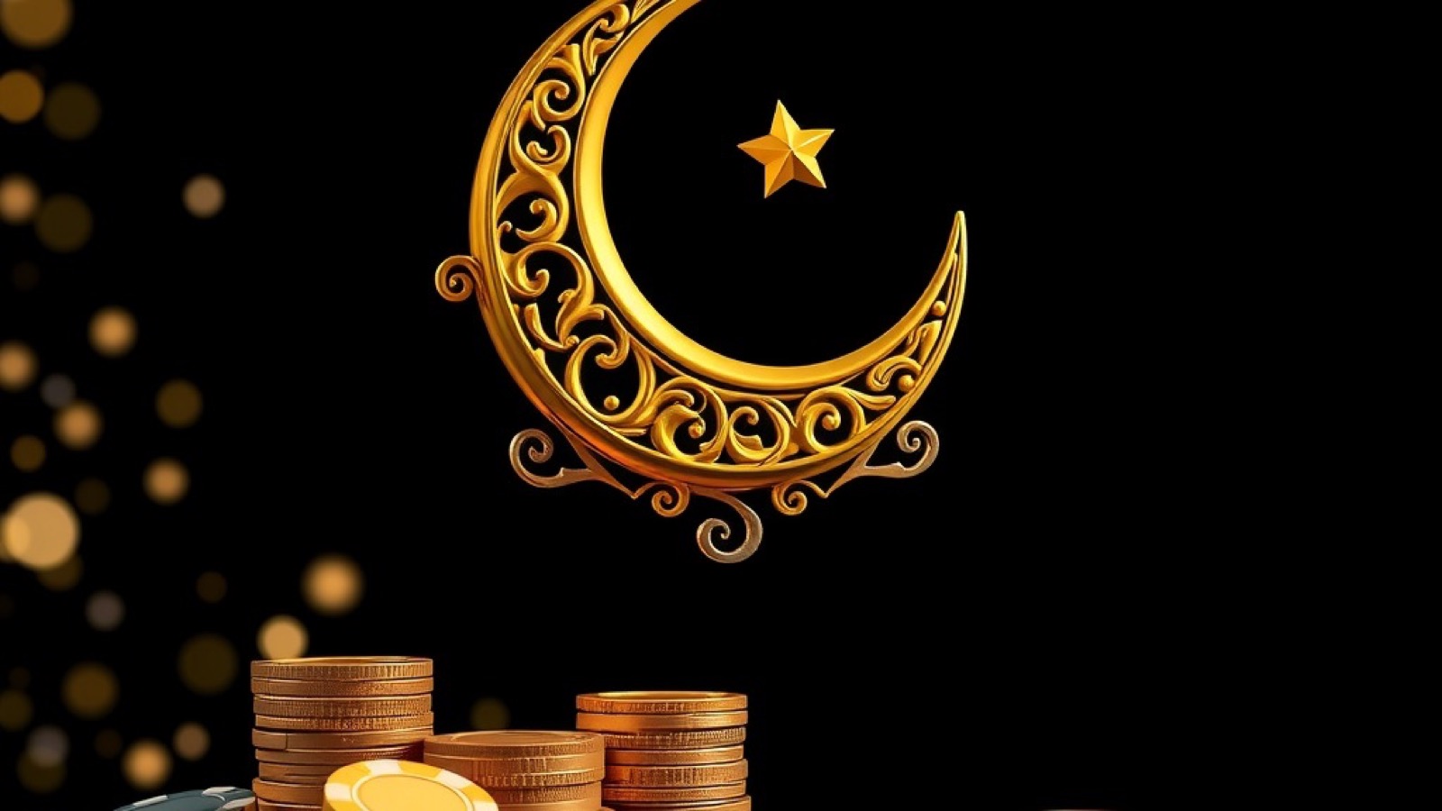 CT999 gold crescent and star medallion above stacked gold coins and poker chips